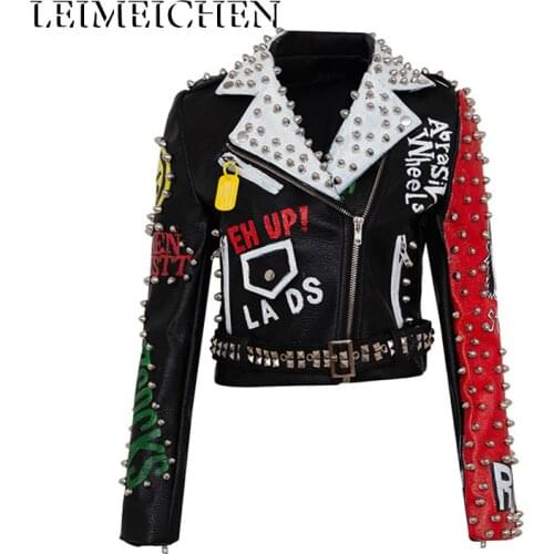 LEIMEICHEN New Fashion Graffiti Rivet Beading PU Leather Coats Women Cartoon Printed Leather Jacket Punk Rock Cropped Jacket