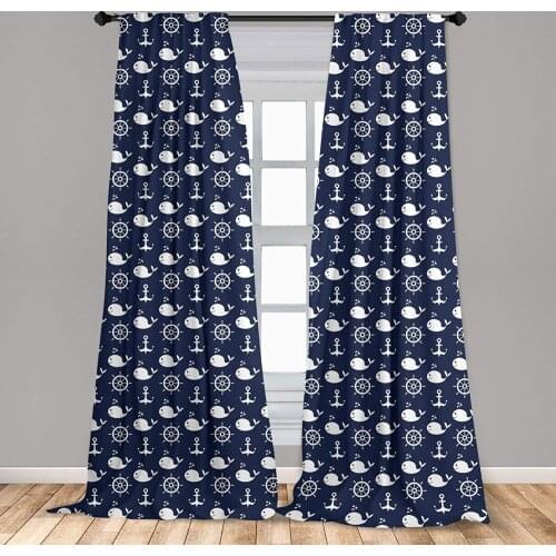 Navy Blue Curtain for Kids Room Maritime with Whales Helms Anchors Nautical Elements Deep Sea Life Lightweight Window Drapes