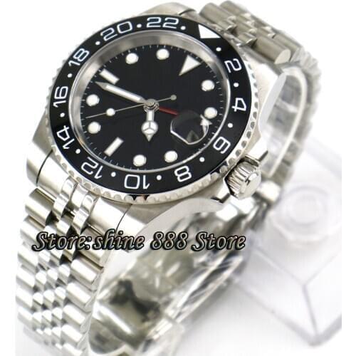 40mm PARNIS black sterile dial Black ceramic bezel Jubilee steel strap Sapphire GMT automatic mens watch