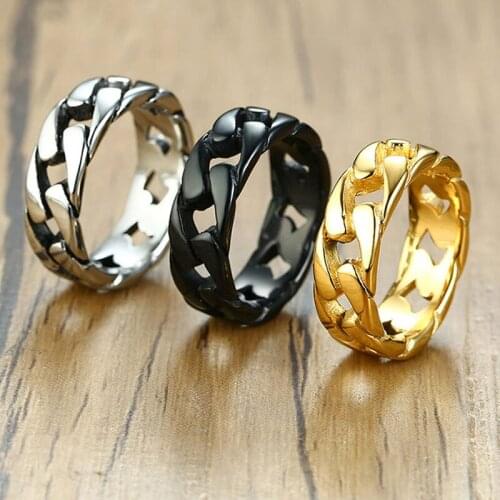 Mens Cuban Link Chain Ring Gold/Black/Silver Color Chunky Curb Ring Stainless Steel Curb Link Ring for Men Women Size 7-12