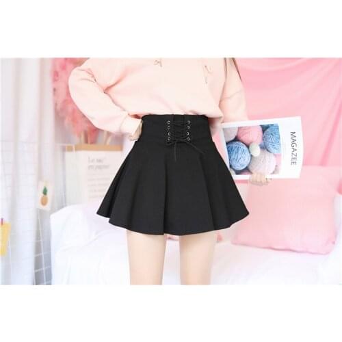 New Autumn Preppy Style Harajuku Punk Sweet Lace-Up High-waisted A-shaped skirt Black Elastic Waist Mini Short Pleated Skirt