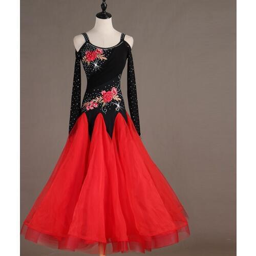 New Modern Ballroom Dance Dress Female/Women/Ladies Black And Red Long Sleeve Standard Ballroom Dress Performance Clothes DQL246