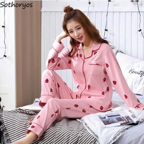 Pajama Sets Women Turn-down Collar Korean Style Sweet Large Size 2XL Loose Spring Pocket Long Sleeves Sweet Womens Sleepwear Ins