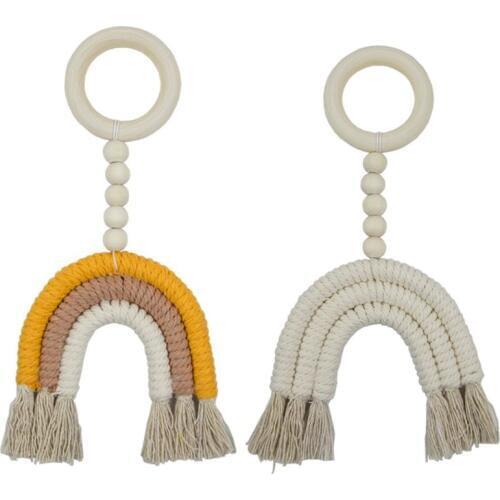 New Baby Teether Crochet Wood Rring Rattle Baby Teething Ring Rainbow Wooden Boho Baby Teether Stroller Toys Shower Gift