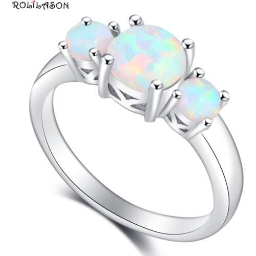 ROLILASON Stylish Round Design White Fire Opal silver Rings USA Size #5#6#7#8#9#10 Fashion Jewelry for Women OR855