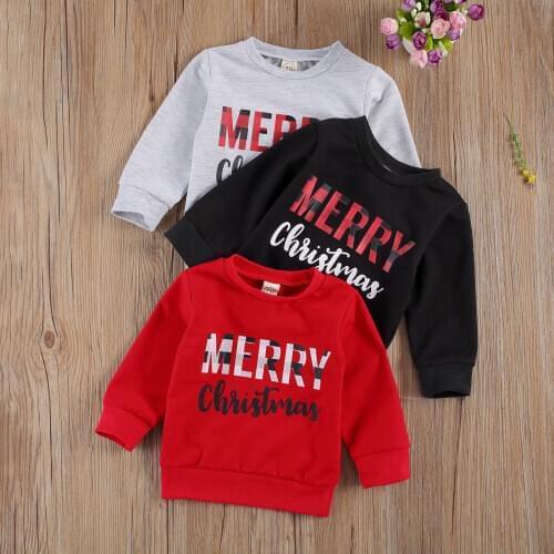 6M-4Years Christmas Toddler Baby Boy Girl Sweatshirt Tops Long Sleeve Letter Plaid Print Pullover Sweatshirt Xmas Clothes