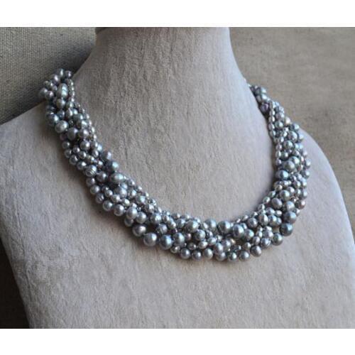 Handmade Real Pearl Jewellery,Gray Color 5 Rows 20 inches 3-8mm Natural Freshwater Pearl Necklace,Fashion Women Jewelry