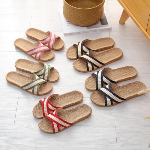 Men/Women Cross Indoor Linen Slippers Couple Floor Sandals Ladies Home Non-Slip Flip-Flops Female House Shoes Girls Cute Slides