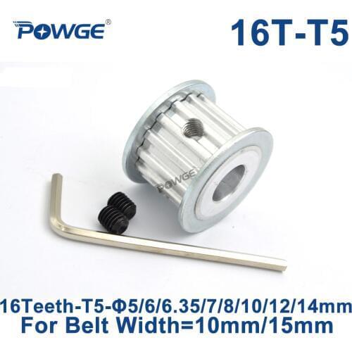 POWGE Trapezoid 16 Teeth T5 Timing Synchronous pulley Bore 5/6/6.35/7/8/10/12/14mm for belt width 10/15mm Wheel 16teeth 16T