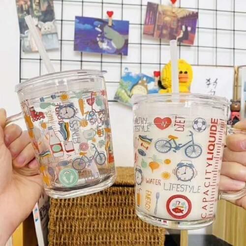 Straw Milk Cup Graduated Glass Glass with Lid Cup with Straw Breakfast Cup Milk Tea Drinking Cup