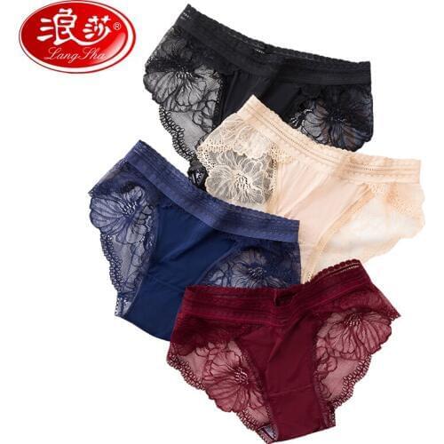 LANGSHA 4Pcs/lot Sexy Lace Panties Seamless Womens Underwear Low-Rise Briefs Nylon Silk Ladies Cotton Sexy Transparent Lingerie