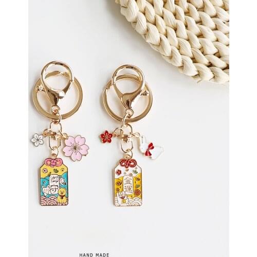 Decoration Kawaii Llaveros Originales Amulet Lucky Cat Japan Keychain Car Keyring Bag Sakura Pendant Charms Keyfob Couple Gift