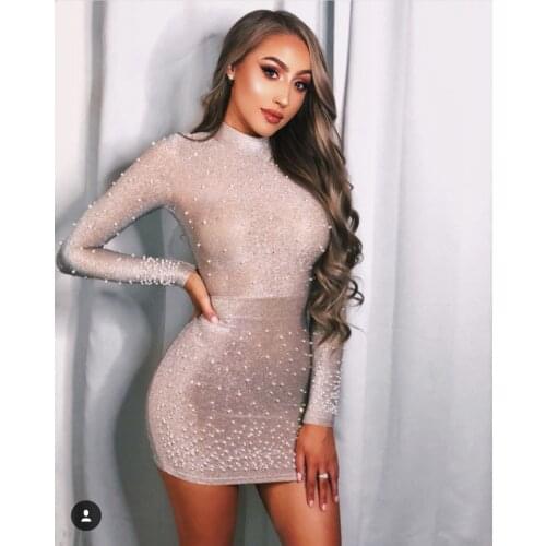 High Quality Black Nude Long Sleeve Beading Bodycon Mini Rayon Bandage Dress Cocktail Party Dress