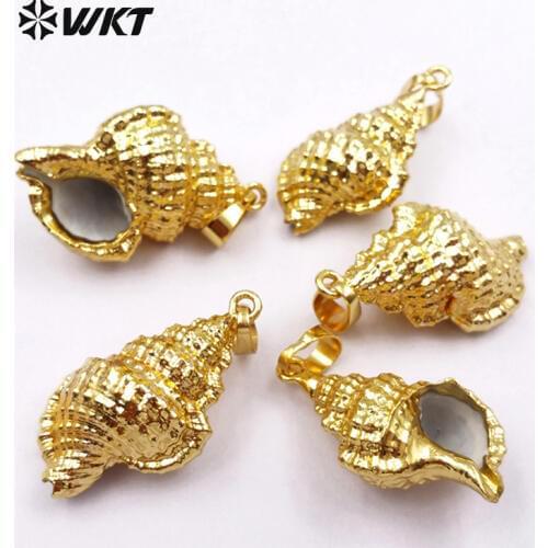WT-JP022 Wholesale Full gold dipped trumpet shell pendant , hot sales genuine sea shell trumpet with gold color pendant