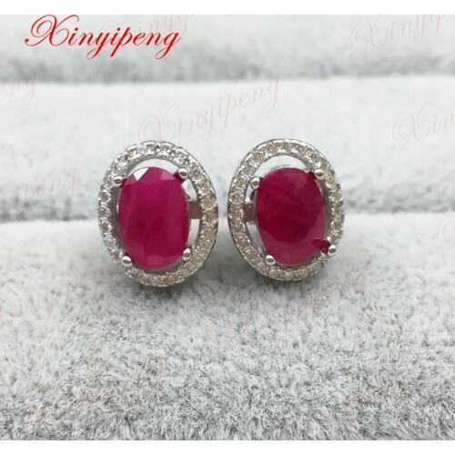 Xin yi peng 925 silver inlaid natural ruby stud earrings, women earrings