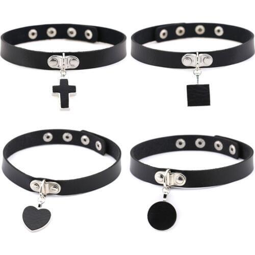 DIEZI Harajuku Sexy Heart Round Bell Cross Leather Pendant Necklace Women Punk Gothic Black PU Leather Choker Necklace Jewelry