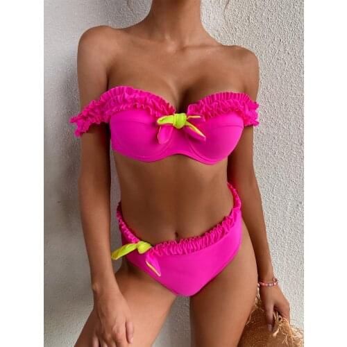 Womens Swimming Suit 2 Pieces Bikini Sexy Pink Lace Ruffled Strappy Swimsuit Fashion Swimwear with Underwire Chest Pad Summer