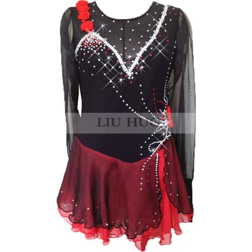 Figure Skating Dress Womens Girls' Ice skating Dress Red black Shoulder waist flower decoration Long sleeve round neck Flash