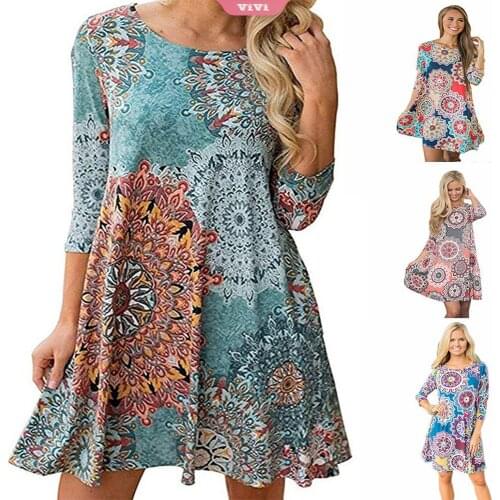 Womens Round Neck Dress Mid-waist Three-quarter Sleeves Floral Print Ethnic Autumn Ladies Fashion Style Dress