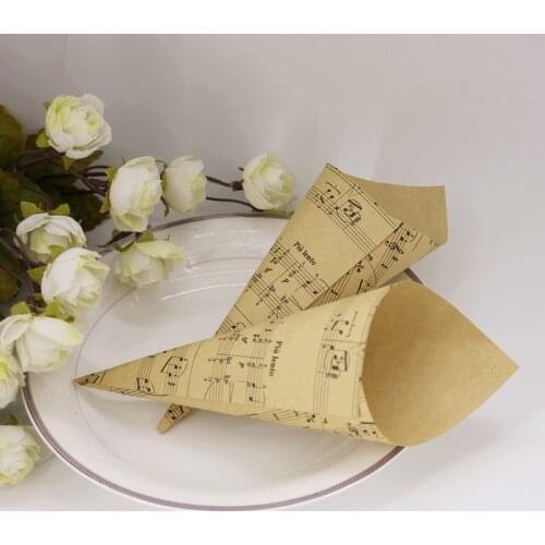 50pcs DIY Handmade Rrown Black Kraft Paper Candy Boxes Musical Note Flower Cones Holder Ice Cream Wedding Table Decor Gift Box