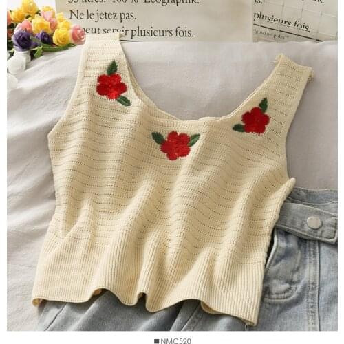 Tanks tops Women Camis Short Sweet Floral Vintage streetwear Basic Korean Knitting Crop tops U-neck Harajuku Embroidery y2k top
