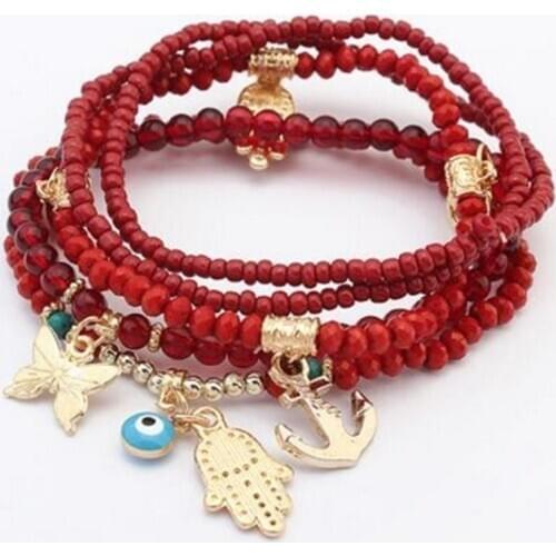 Lucky Kabbalah Fatima Hamsa Hand Blue Evil Eye Charms Bracelets Bangles Multilayer Beads Turkish Pulseras For Women