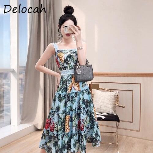 Delocah New 2021 Summer Women Fashion Runway Party Midi Dress Sexy Spaghetti Strap Gorgeous Crystal High Waist Printed Dresses