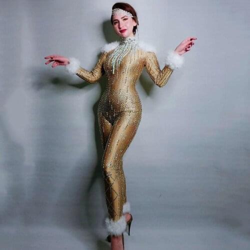 Jazz Rhinestones High Stretch Jumpsuit Women Dance Feather Bodysuit Outfit Evening Show One-piece Nightclub Party Wear DJ1026