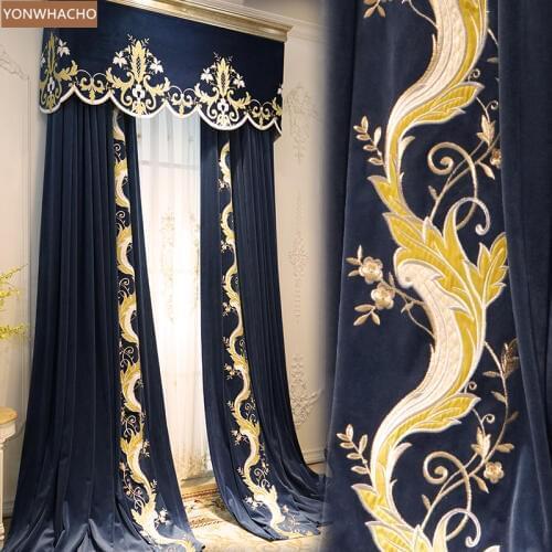 Custom curtains elegant European palace living room embroidered blue velvet cloth blackout curtain tulle valance drape B807