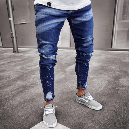 European and American holes in denim mens Pencil pants pop-up paint zipper personality slim short-legged jeans