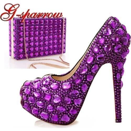 2018 Purple Crystal Wedding Shoes with Clutch 14cm High Heel Woman Party Shoes with Matching Bag Customized Bridal Shoes