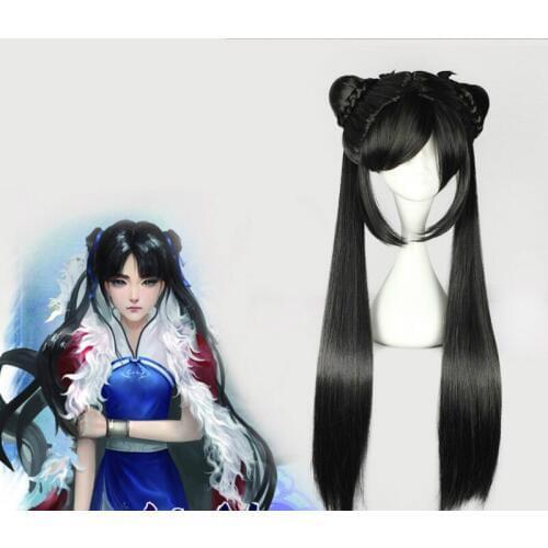 Chinese Ancient Women Straight Two Ponytails Cosplay Headwear Black Costume Party Hair Synthetic Game Cosplay Hair