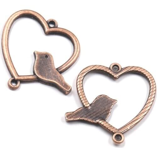 12pcs Antique Copper Heart Charm Connector Alloy Bird Pendant DIY Earring Connector