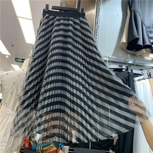 Summer New Pleated Skirt Mid-Length High Waist Slimming Stripes Printed Large Swing Casual Womens Skirts