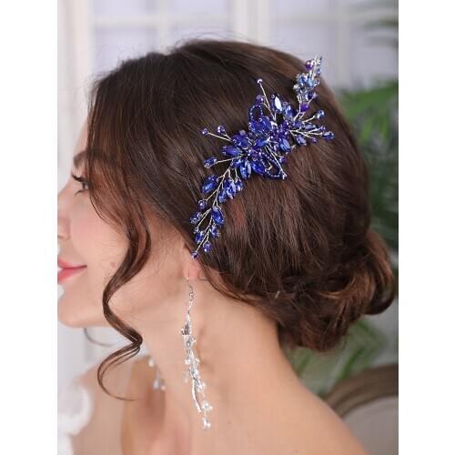 Bohe Blue Bridal Headwear Hair Comb and Earrings Romantic brides accessories Set Hair Ornaments Tiara for Wedding Headdress