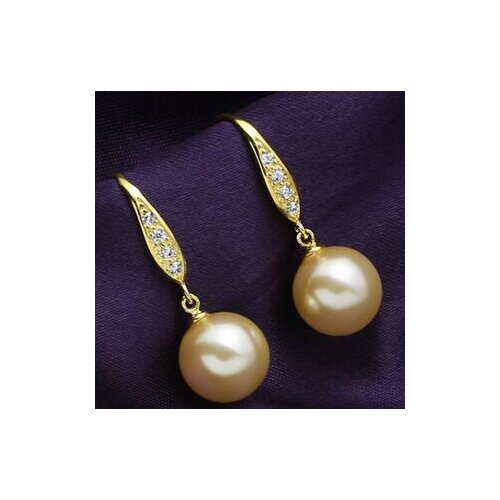 Huge 10-14mm Gold Round South Sea Shell Dangle Bridesmaid Earring Perfect pendientes earrings for women sterling--jewelry