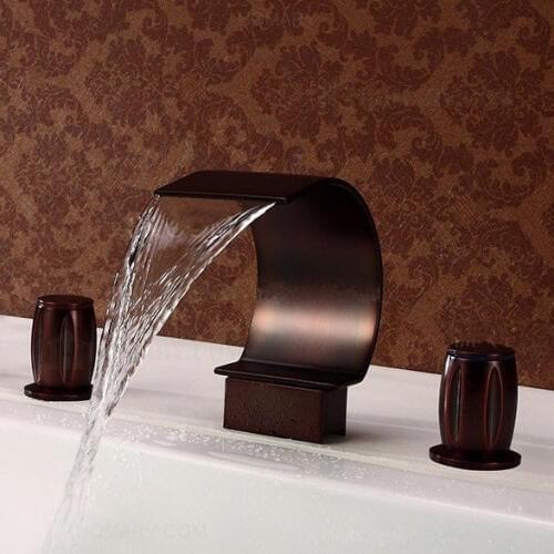 ORB color Dual Handles Brass waterfall Square 3 Holes 8" widespread Bathroom Basin Sink Faucet Spout Mixer Tap Deck Mount