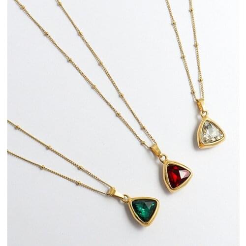Green Gemstones Pendant Necklace For Women Red White Triangle AAA Crystal Choker Necklace Sets Women Stainless Steel Jewelry