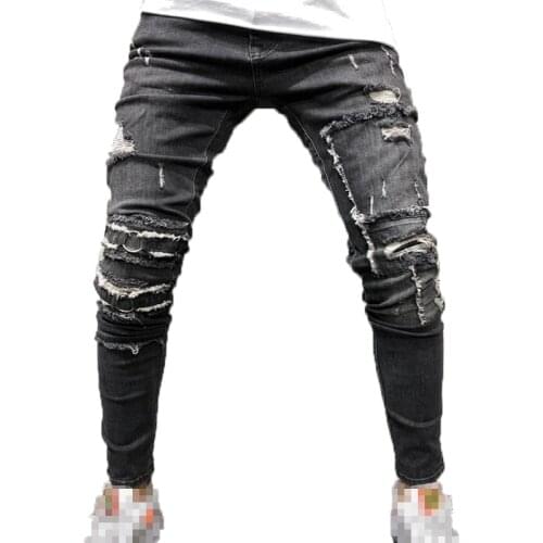 Gray Ripped Jeans for Men Autumn Fashion Slim Elastic Waist Distressed Jeans Man Casual Skinny Denim Pencil Pants Pantalon Homme
