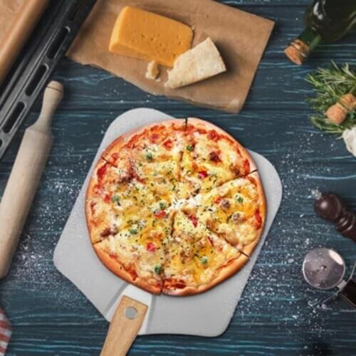 Foldable Aluminum Pizza Cake Shovel Transferring Tool with Wooden Long Handle