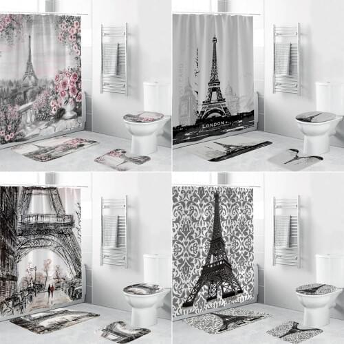 180*180cm Paris Landscape Eiffel Tower Shower Curtain 3D Waterproof Bathroom Curtains Set Non-Slip Rugs Toilet Lid Cover Mat