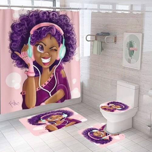 Cute Girl Shower Curtain Waterproof Polyester Bathroom Curtains Cartoon Girls Shower Curtain Set Bath Mats Rugs