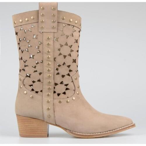 FootCourt- Cowboy Boots Nubuck Beige Genuine Leather Mid Calf Summer Boots Cowgirl Shoes Country Style Retro Boots Low Heel shoe