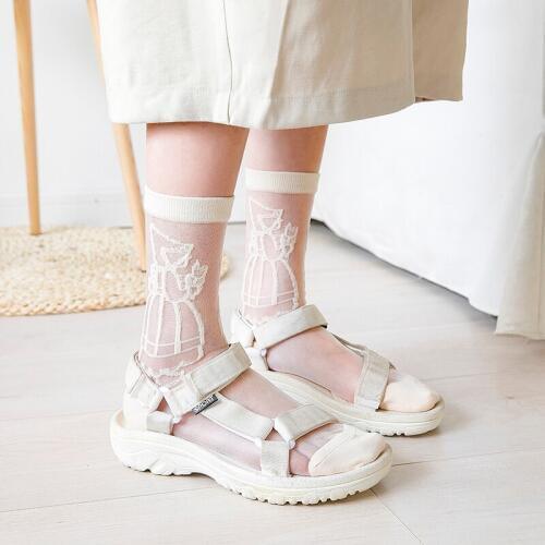 Women Summer Silk Cartoon Cute Socks Fashion Spring Soft Breathable Patchwork SolidThin Crew Heap Socks Korean