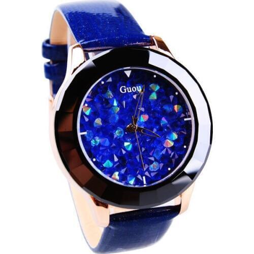 Fashion Top Guou Brand Genuine Leather Strap Women Clocck Full Crystal Dress Watch Ladies Diamond Rhinestone Quartz WristWatches