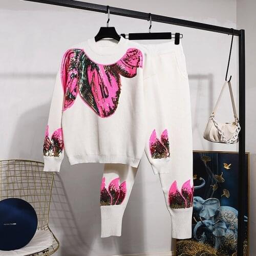 Black White Knitted Tracksuit Outfits Women Korean Fashion Sequins Pullover Sweater Pencil Pants Loose Casual 2 Piece Set Female