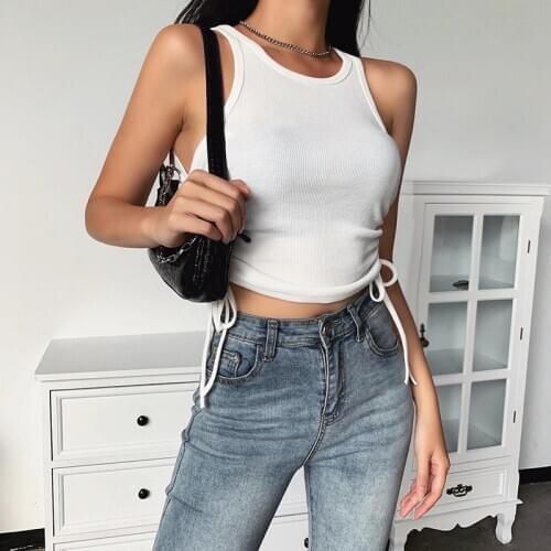 2020 Hot Sale Womens Sleeveless Crop Tank Top Casual Side Drawstring Solid Color Round Neck Slim Fit Tank Top for Daily Wear
