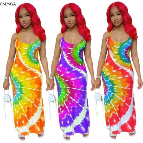 CM.YAYA Women Summer Tie Dye Black Hole Spaghetti Strap Open Back Slim Maxi Dress Sexy Beach Fashion Long Dresses