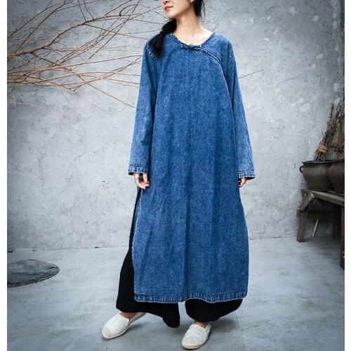 Women 2020 Spring V Neck Denim Dress Ladies Vintage Chinese Style Robes Female Retro Denim Dresses