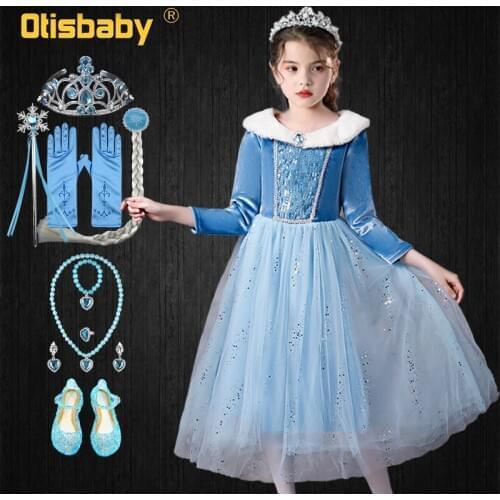Winter 2020 Christmas Kids Keep Warm Long Sleeve Snow Queen Elsa Dress Up Girl Princess Sequin Corduroy Dress Cape Accessories